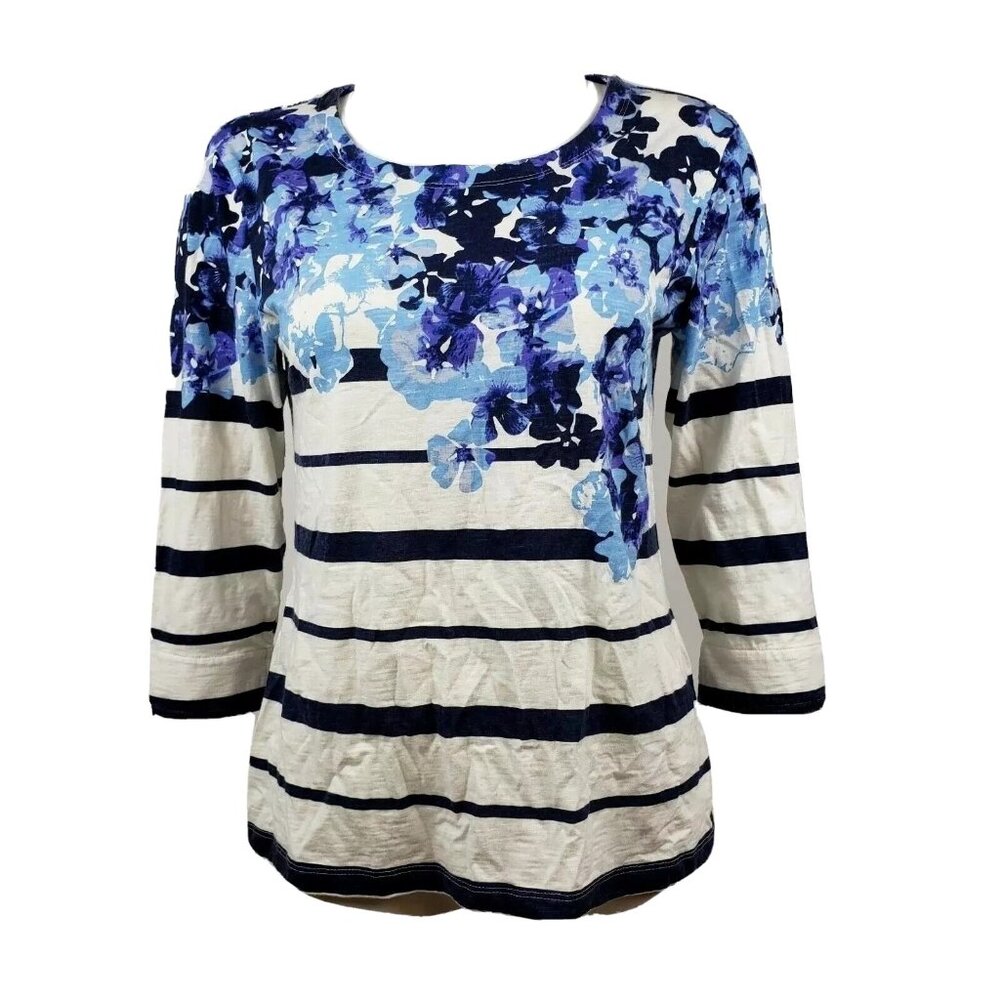Coldwater Creek Top Womens Size XS (4-6) White Blue Floral Striped‎ 3/4 Sleeve
